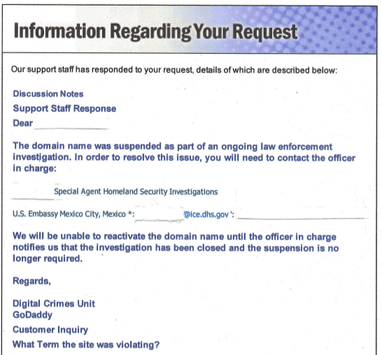 Email received by 1dmx.org owners from GoDaddy, showing request came from US embassy