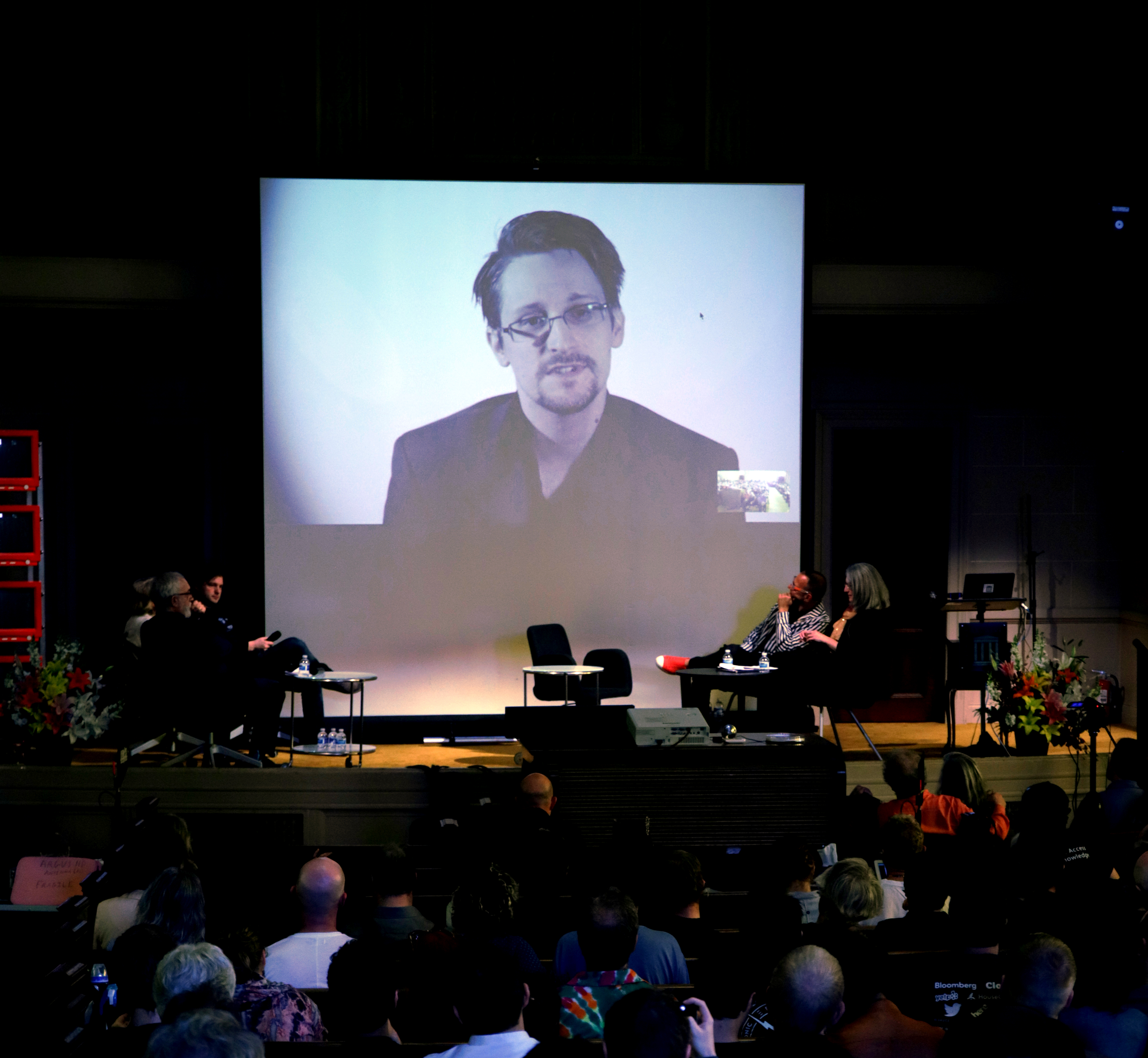 Whistleblower Edward Snowden addresses the audience.