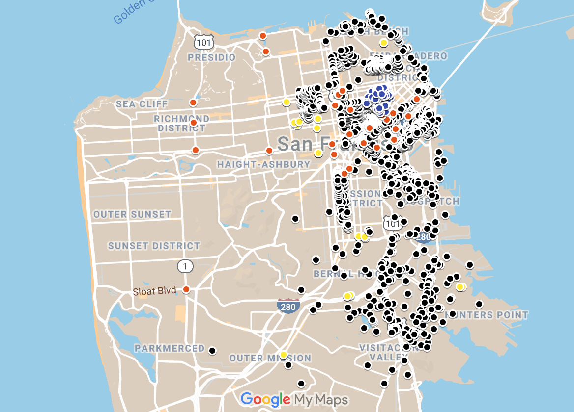 Map of San Francisco with high concentration of surveillance cameras represented as dots