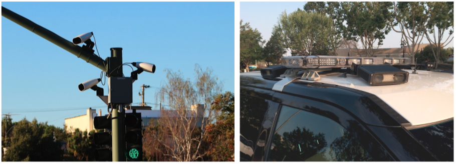 Side-by-side images: Three ALPR cameras on a street light and a camera on a police car.