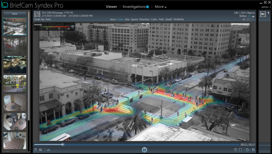 A software program showing video of an intersection, with heavily trafficked areas highlighted