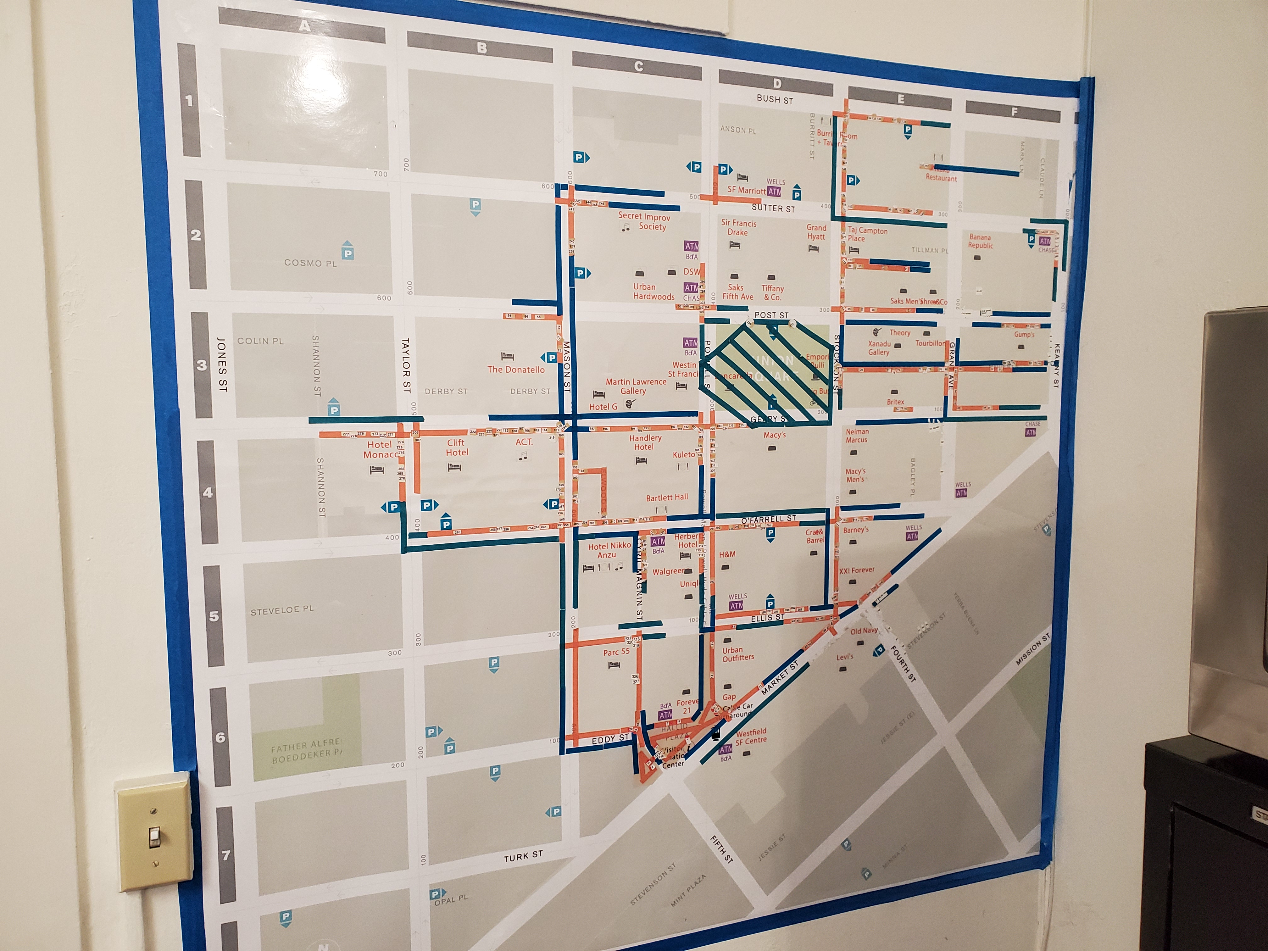 A map taped to wall showing where surveillance cameras are in Union Square