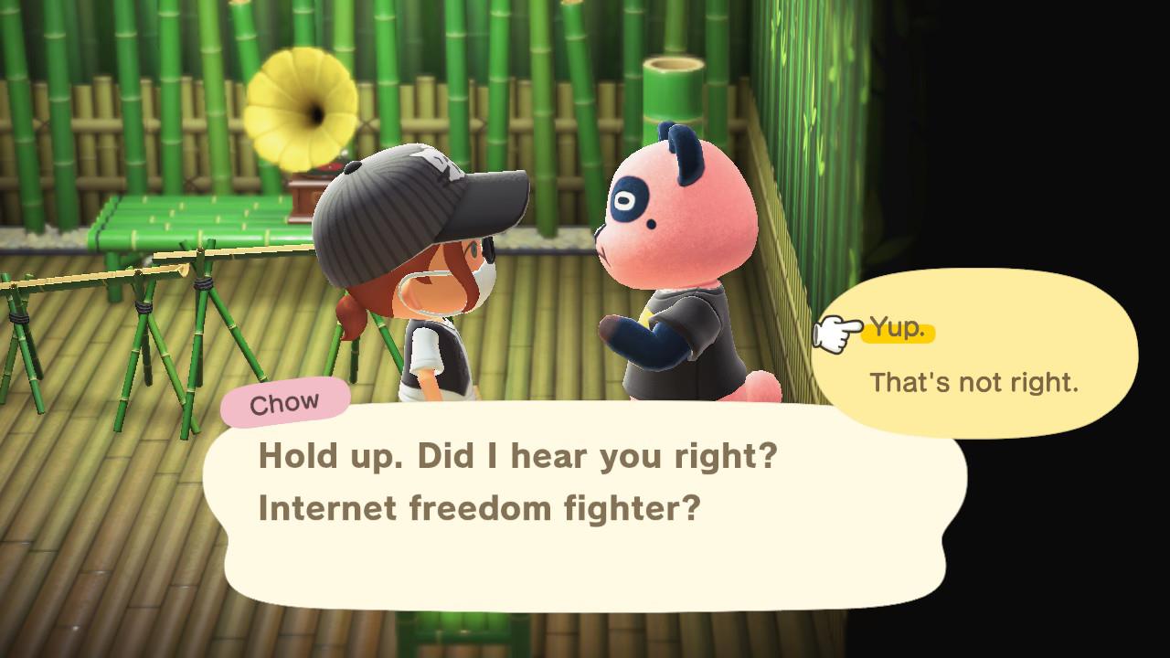 A screenshot in-game showing Chow, an Animal Crossing panda villager, asking whether the player is an “Internet freedom fighter.” The player has highlighted “Yup.”