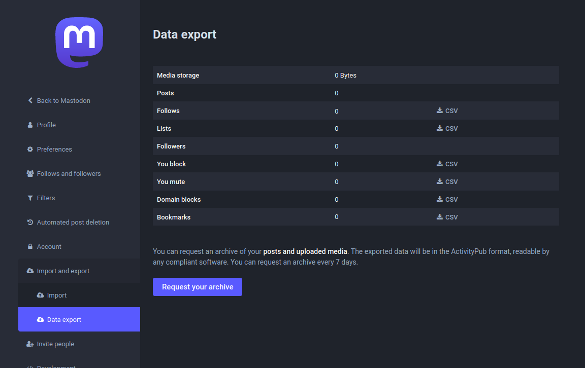 Mastodon setting page called "data export" under "import and export".