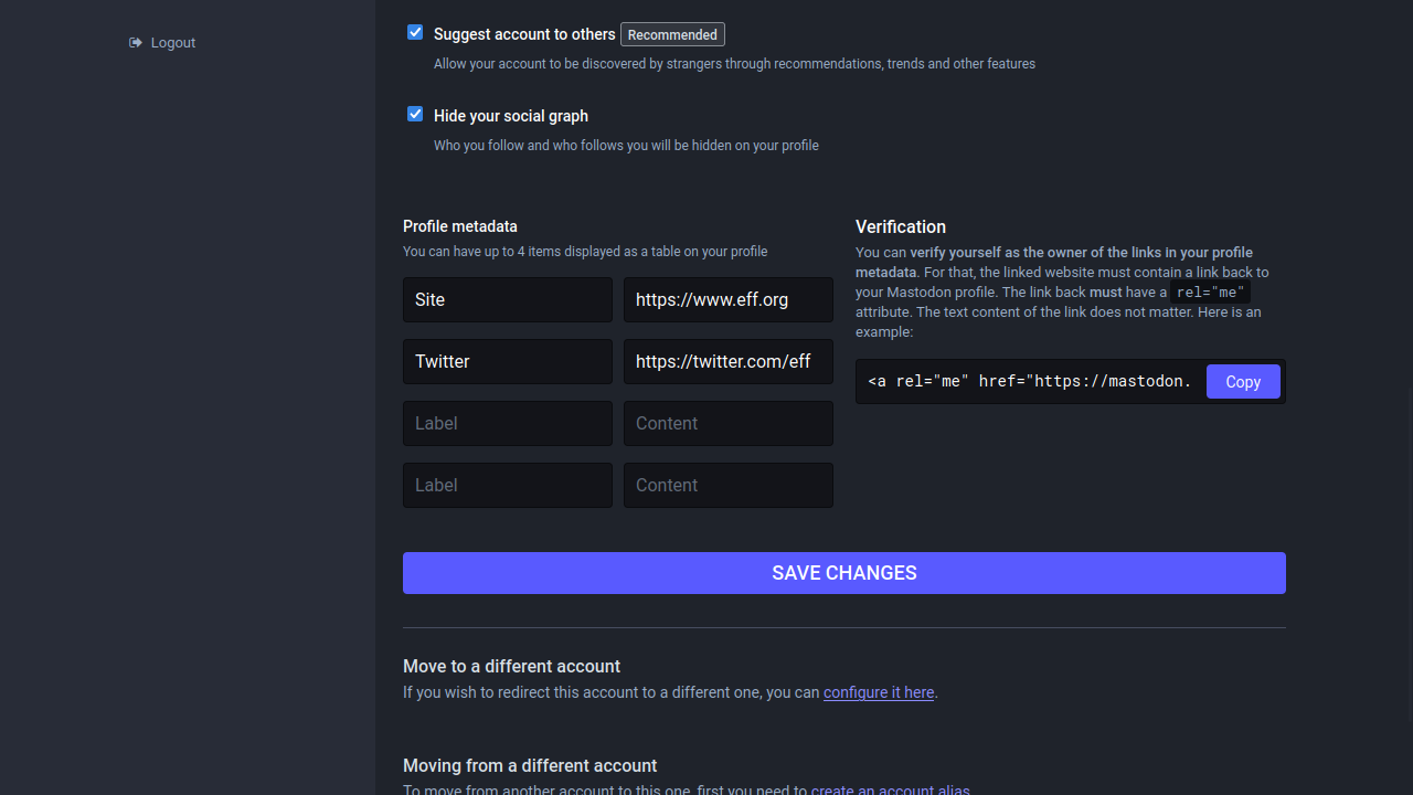 Mastodon setting page called "Appearance" under "Profile". Focus on "verification" section