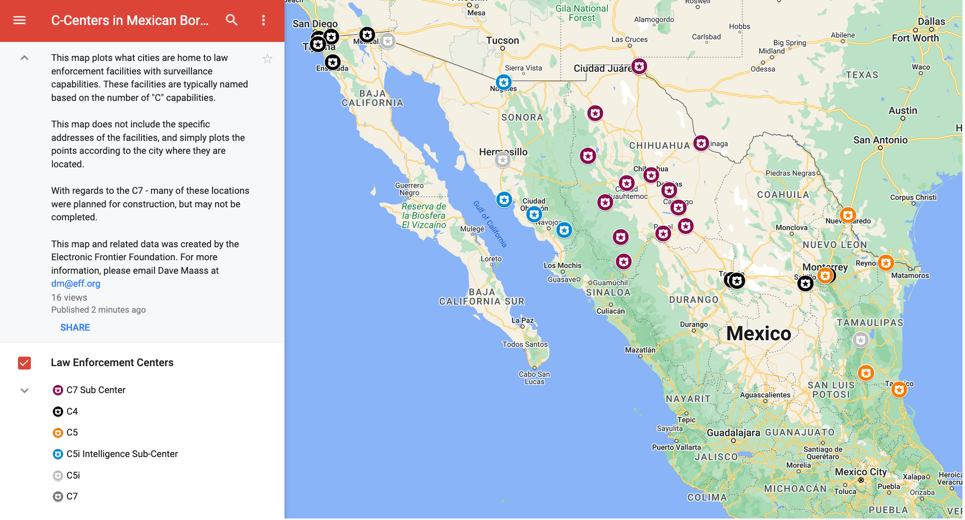 A screen capture of a Google Map of Mexican C-Centers