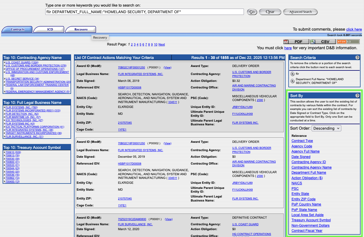 FPDS.gov results for FLIR with the sort by sidebar highlighted