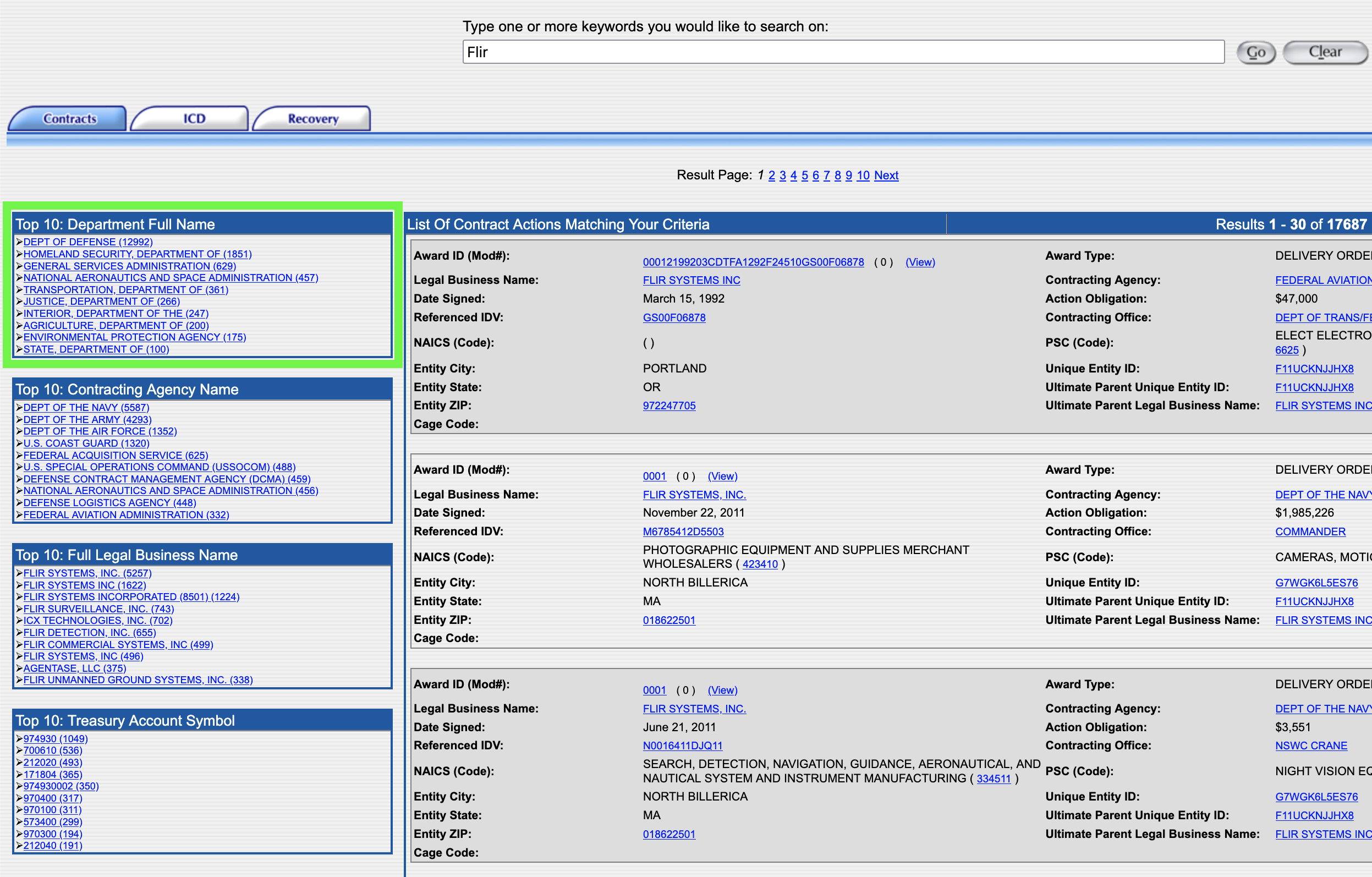 FDPS.gov results for FLIR with the agency full name sidebar highlighted.