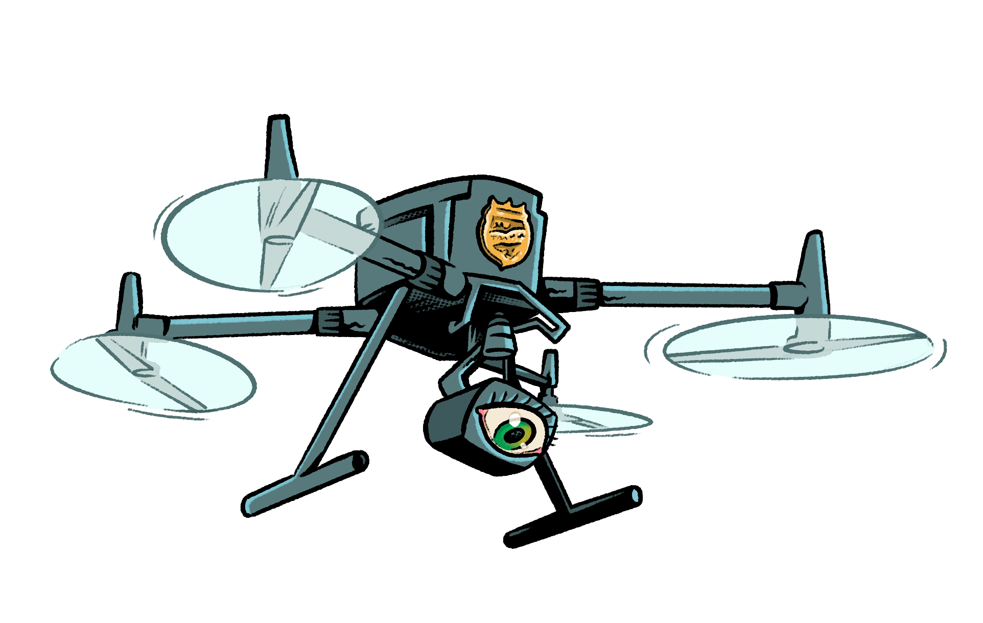 An illustration of a quadrotor drone with an eye and a badge.