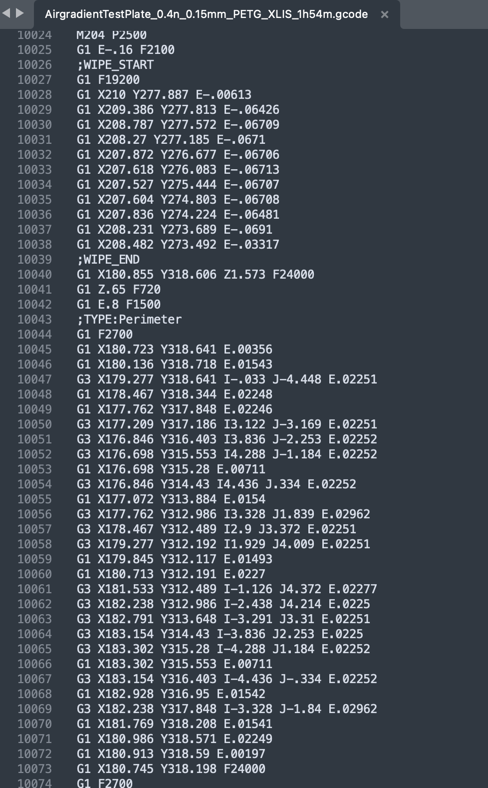 Line 10024-10074 of g-code produced when slicing the 3D model.