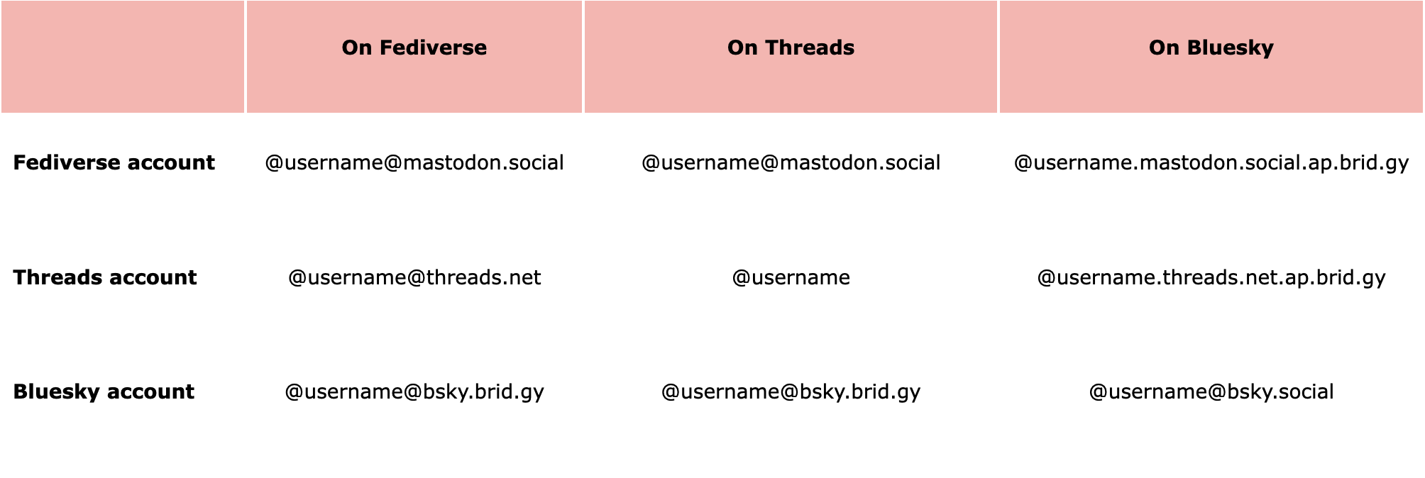 Examples of how each social media username looks on other platforms