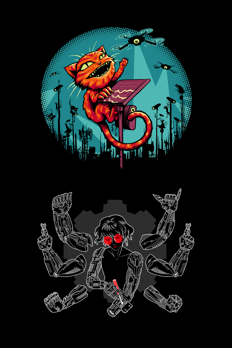 Choose an EFF t-shirt when you join. Illustration of a cat swatting at surveillance equipment. Below a person with red glasses adjusts six mechanical arms with ASL signs.