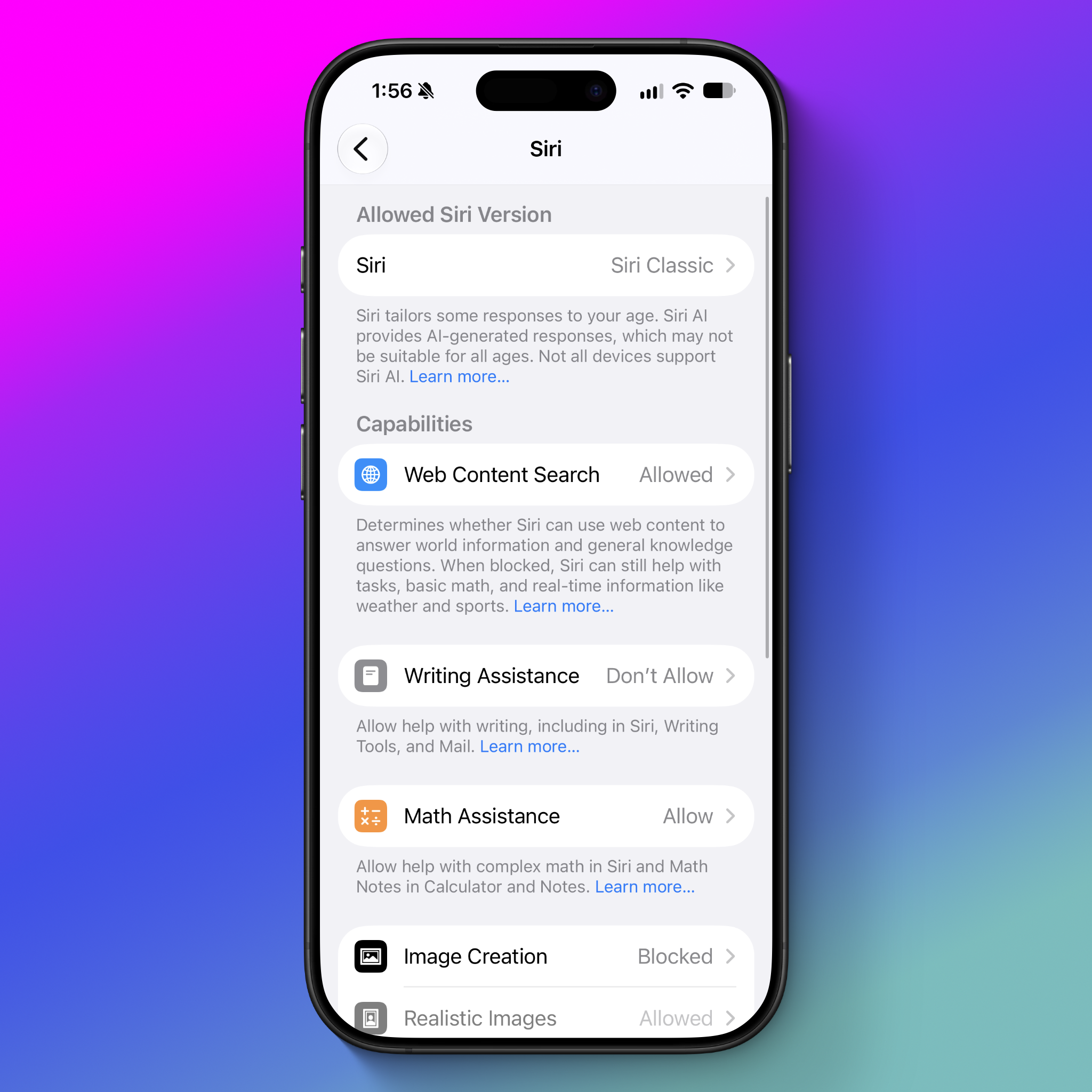 settings app with allowed siri version