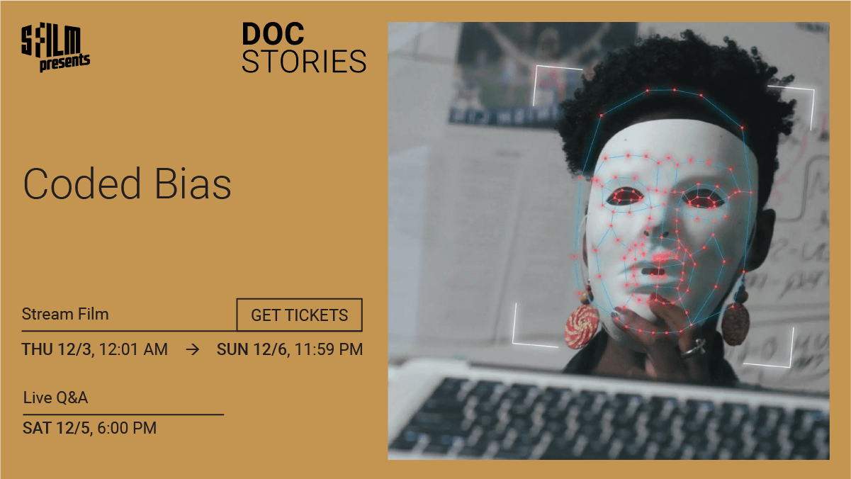 Film and serises title, and time and dates of screenings and Q&A on a brown background. To the right of the text is a stil image of a Black Woman with white mask over her face. 