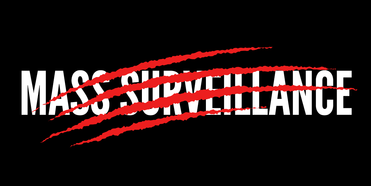 The words "Mass Surveillance" with red claw marks through them.
