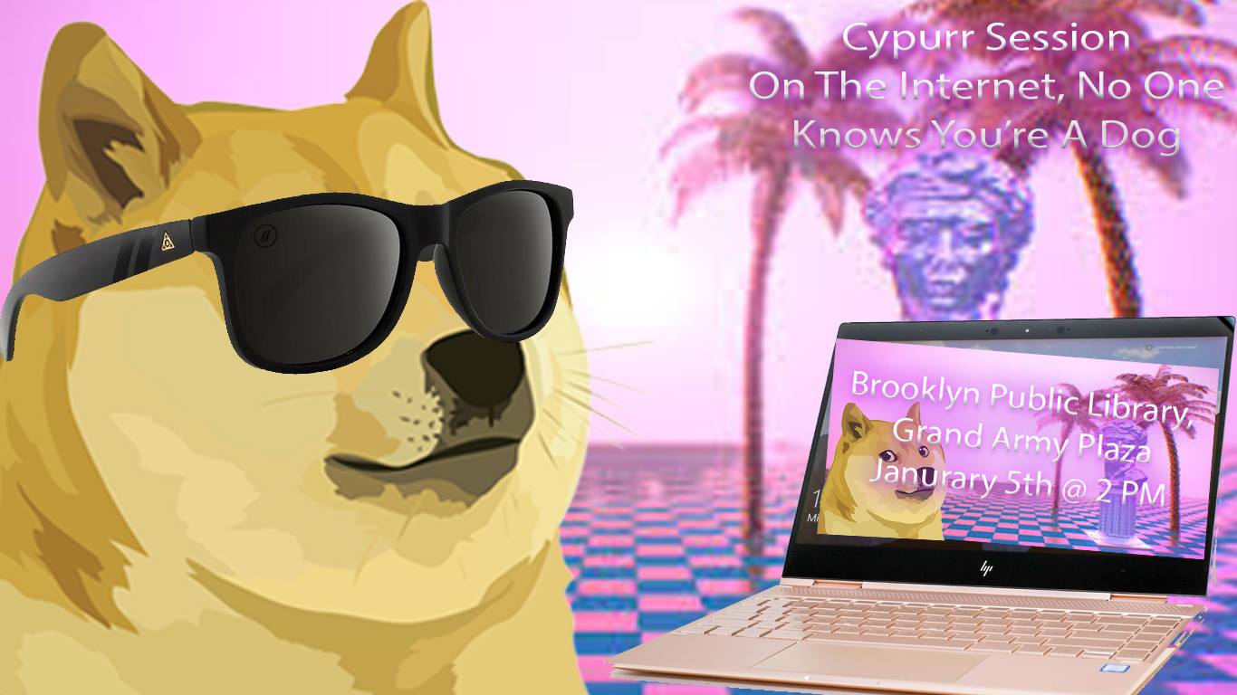 Picture of a Gloden Fluffy Dog wearing sunglasses with palm tress in the background. The Dog is looking at a laptop. The text on the laptop reads "Brooklyn Public Library, Grand Army Plaza, January 5th, @2pm."