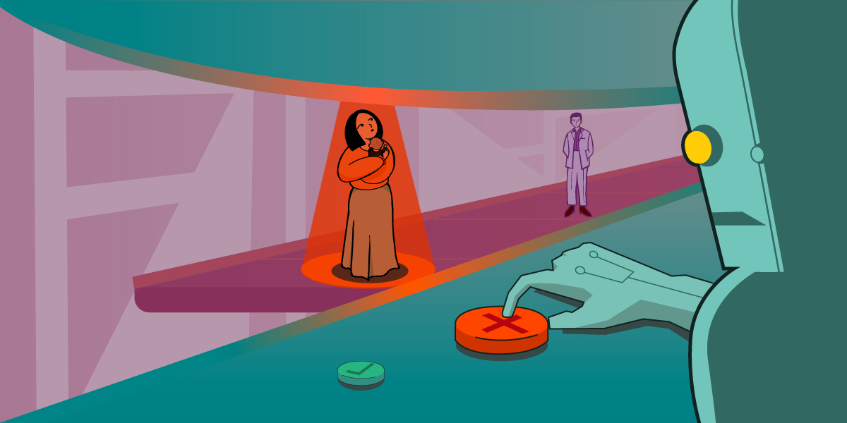 A robot oversees a factory conveyor belt. Its finger hovers over the reject button, as a red light scans a woman and her baby.