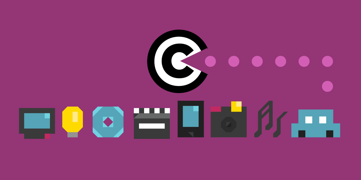 Purple background with copyright symbol eating icon of music, camera, computers etc