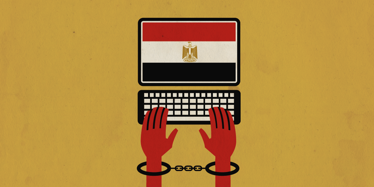 shackled hands on keyboard, with Egypt flag