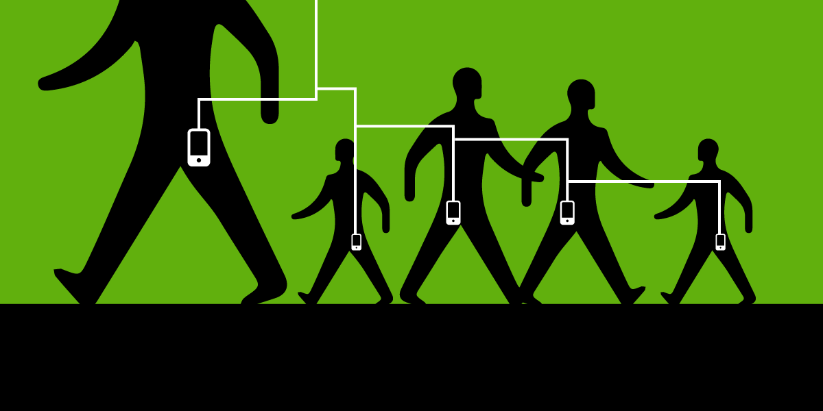 People with mobile phones, connected by white lines