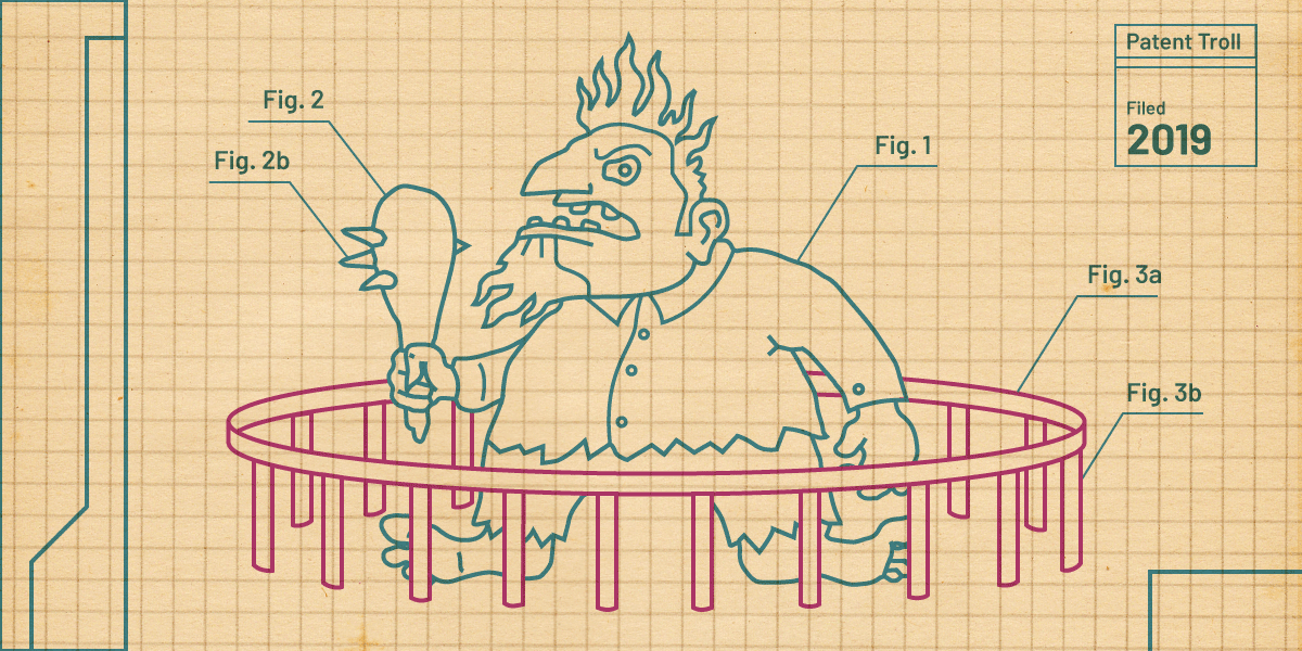 A line drawing depicting a troll encaged in a low cage from which escape would be easy.