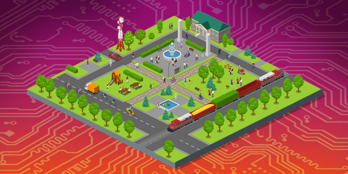 A bustling digital town square