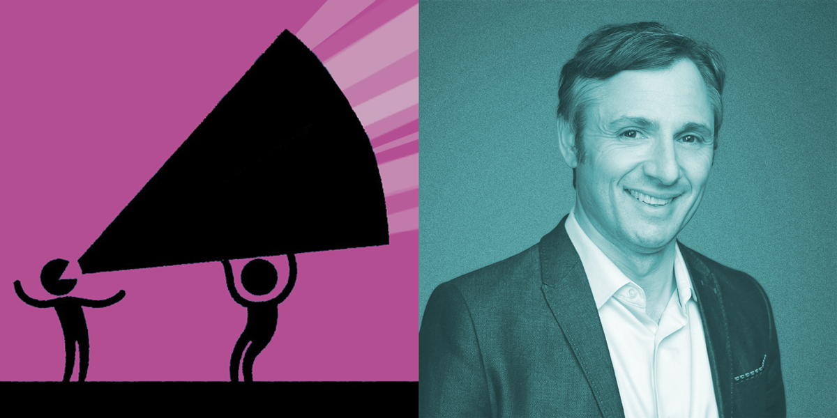 cartoon of a figure holding a megaphone for another + photo of Aaron Schur