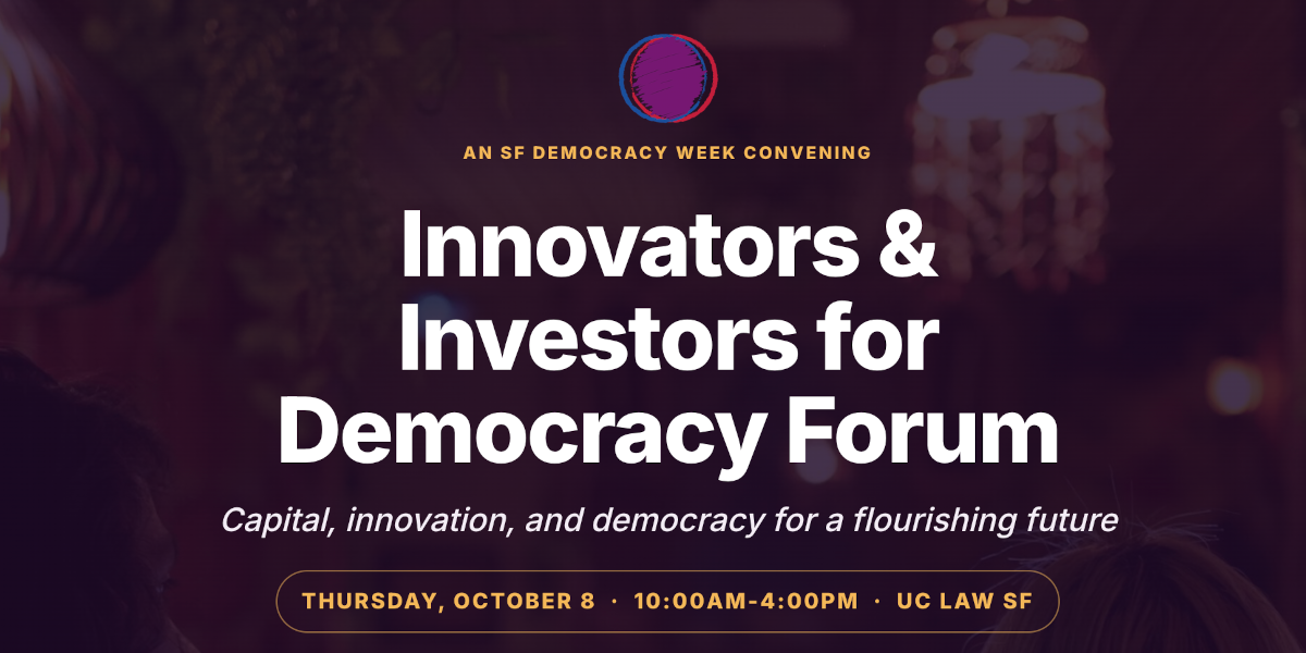 Innovator & Investors for Democracy Forum in white text against a purple backdrop