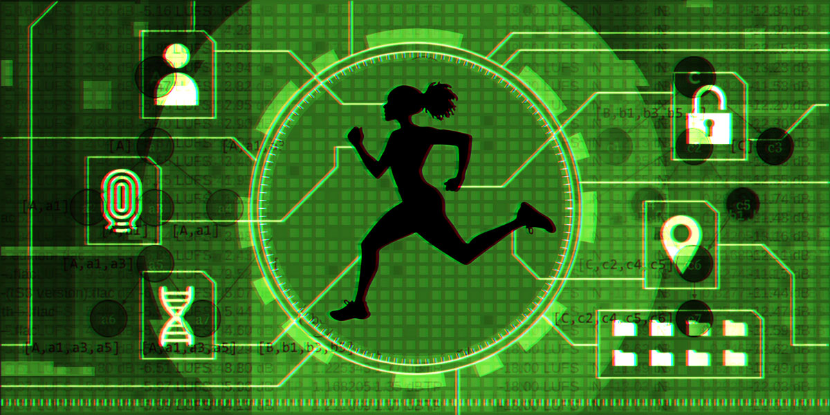 silhouette of running woman surrounded by digital interface