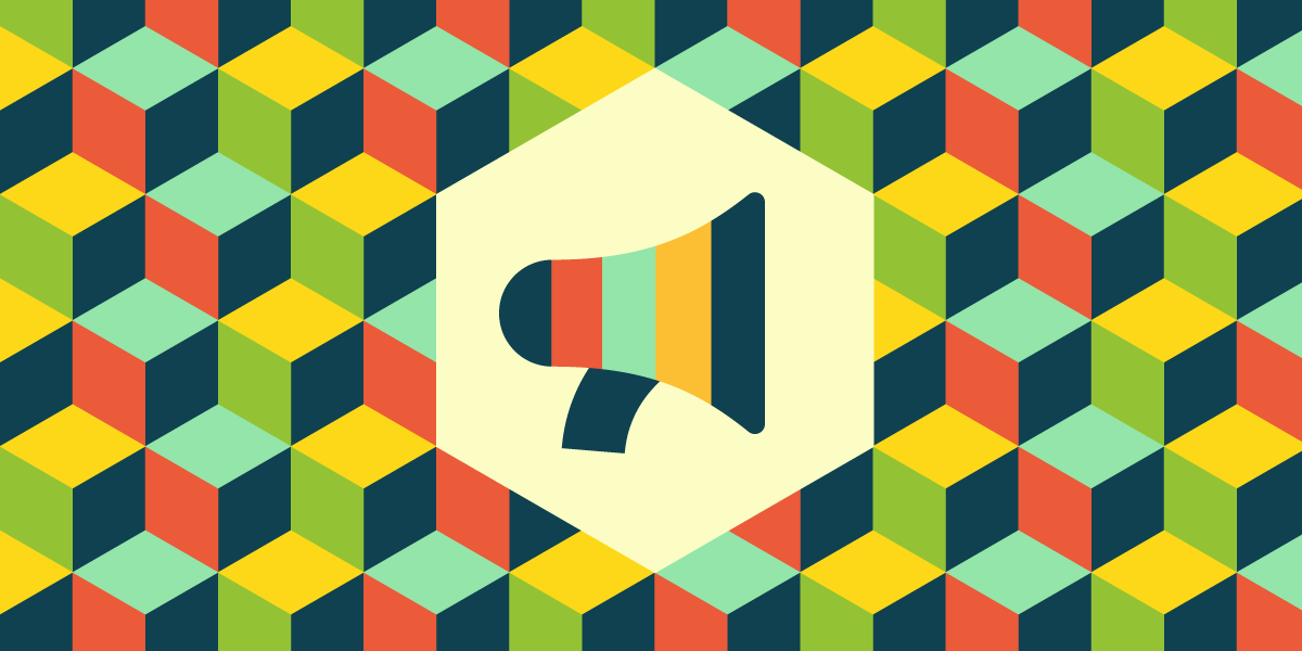 bullhorn icon over a grid of colorful hexagons