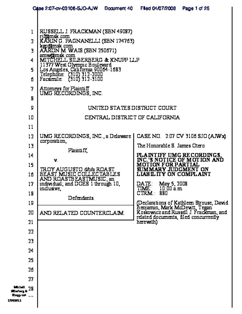 UMG's Motion for Summary Judgment (Copyright Infringement) Electronic