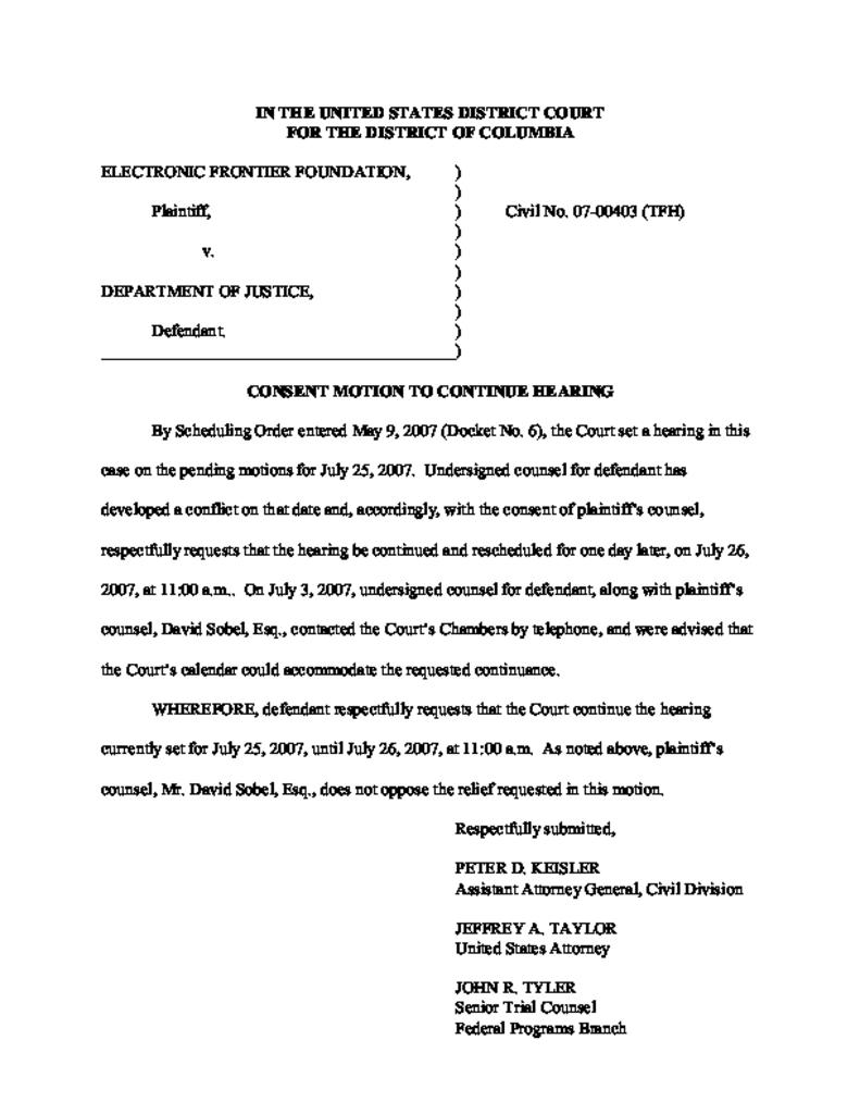 Consent Motion to Continue Motion Hearing Electronic Frontier Foundation