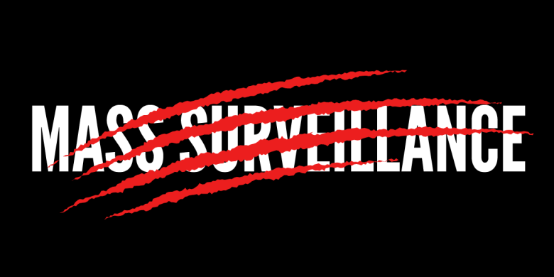 The words "Mass Surveillance" with red claw marks through them.