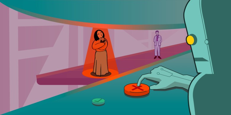 A robot watches a conveyor belt, its finger on the reject button, as a light scans a woman and baby.