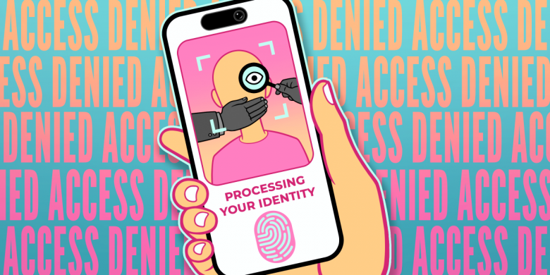 A hand holding a cellphone showing a verification screen and ACCESS DENIED in the background.