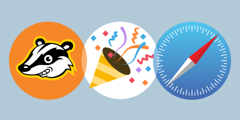 A Privacy Badger logo, a confetti emoji, and Safari icon overlap on a gray background.