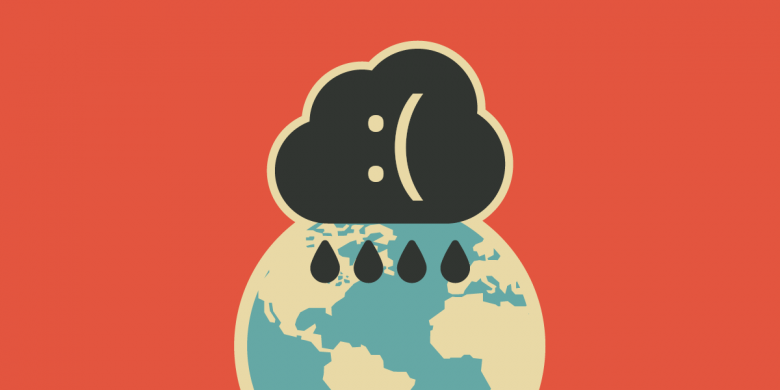 Bad Cloud Global Dark cloud with a frown emoticon raining over the globe.