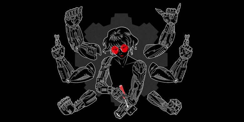Person with red glasses adjusting six mechanical arms with ASL signs.