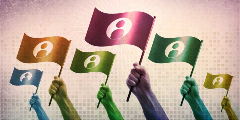 a series of multi-colored hands (green, purple, etc) hold a series of multi-colored flags