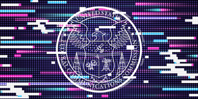 FCC logo on a glitch background