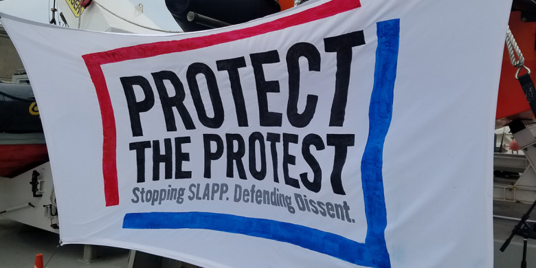 Protect the Protest banner used by the anti-SLAPP coalition A white banner with black text that reads "Protect the Protest. Stopping SLAPP. Defending Dissent." The words are framed by a blue and red border on the banner.