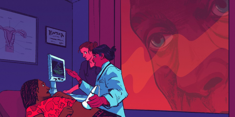 Giant face watching a concerned patient and doctors through a window