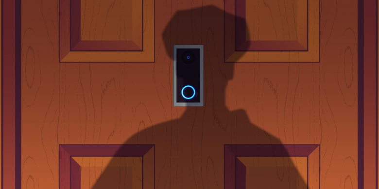 Amazon Ring + Law Enforcement The shadow of a police officer looms in front of a Ring device on a closed door.