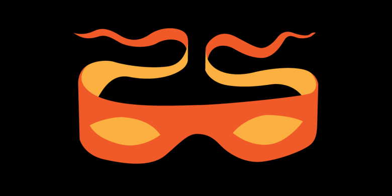 Orange mask with yellow eyes on black background