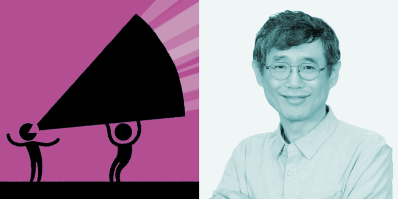 cartoon of a figure holding a megaphone for another + photo of Ben Lee