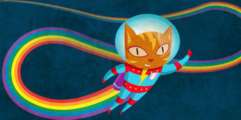 A flying cat in a space suit with a badge of the trans flag, leaving a rainbow trail.