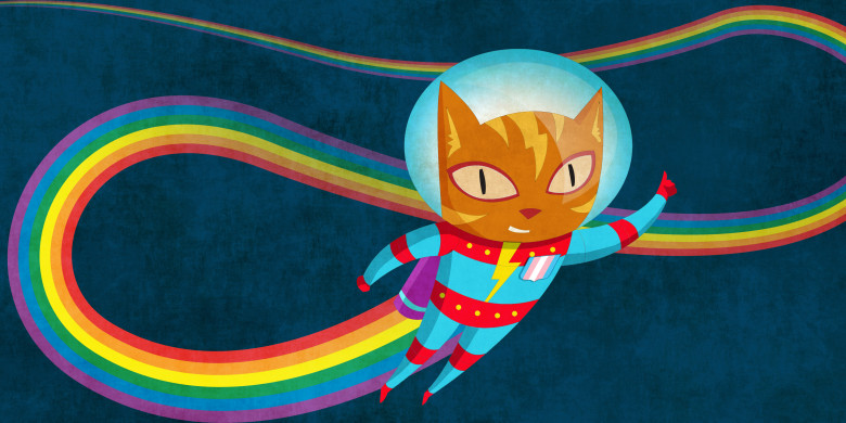 Cat Astronaut Soars Through Cyberspace, Leaving a Glowing Rainbow Trail