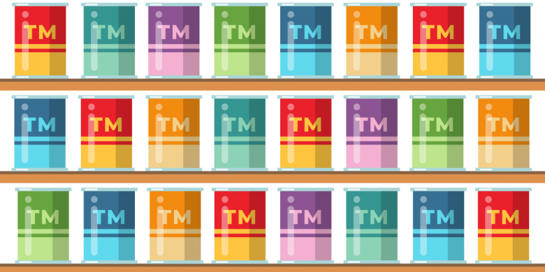 Trademark Caans Graphic of three shelves of colorful soup cans labeled with TM
