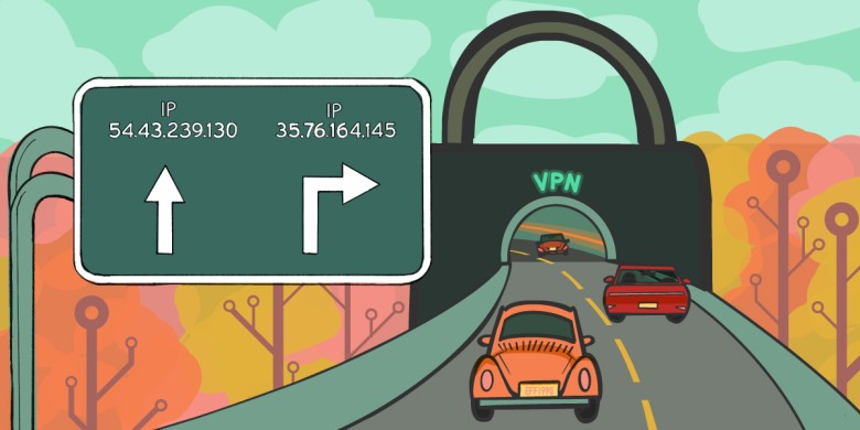 Highway sign shows different IP addresses as cars pass a circuit tree lined road drive into a tunnel