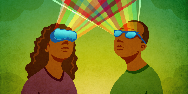Extended Reality (XR) Two people wearing a VR and AR headsets, each emitting a rainbow beam crossing